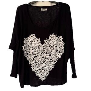 Lauren Moshi Black & White Floral Heart Women's Sweater Size XS/Small
